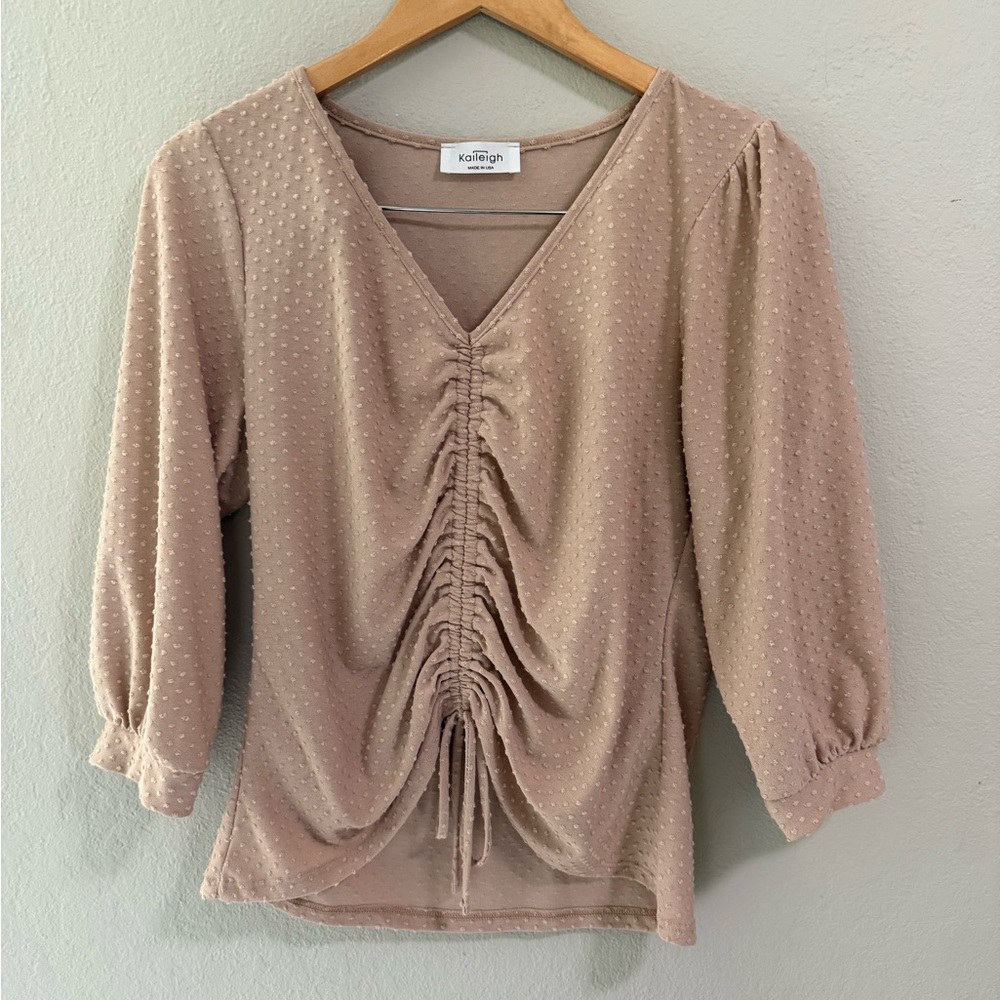 Kaileigh Beige Textured Ruched Front Blouse, Size M, Made in USA